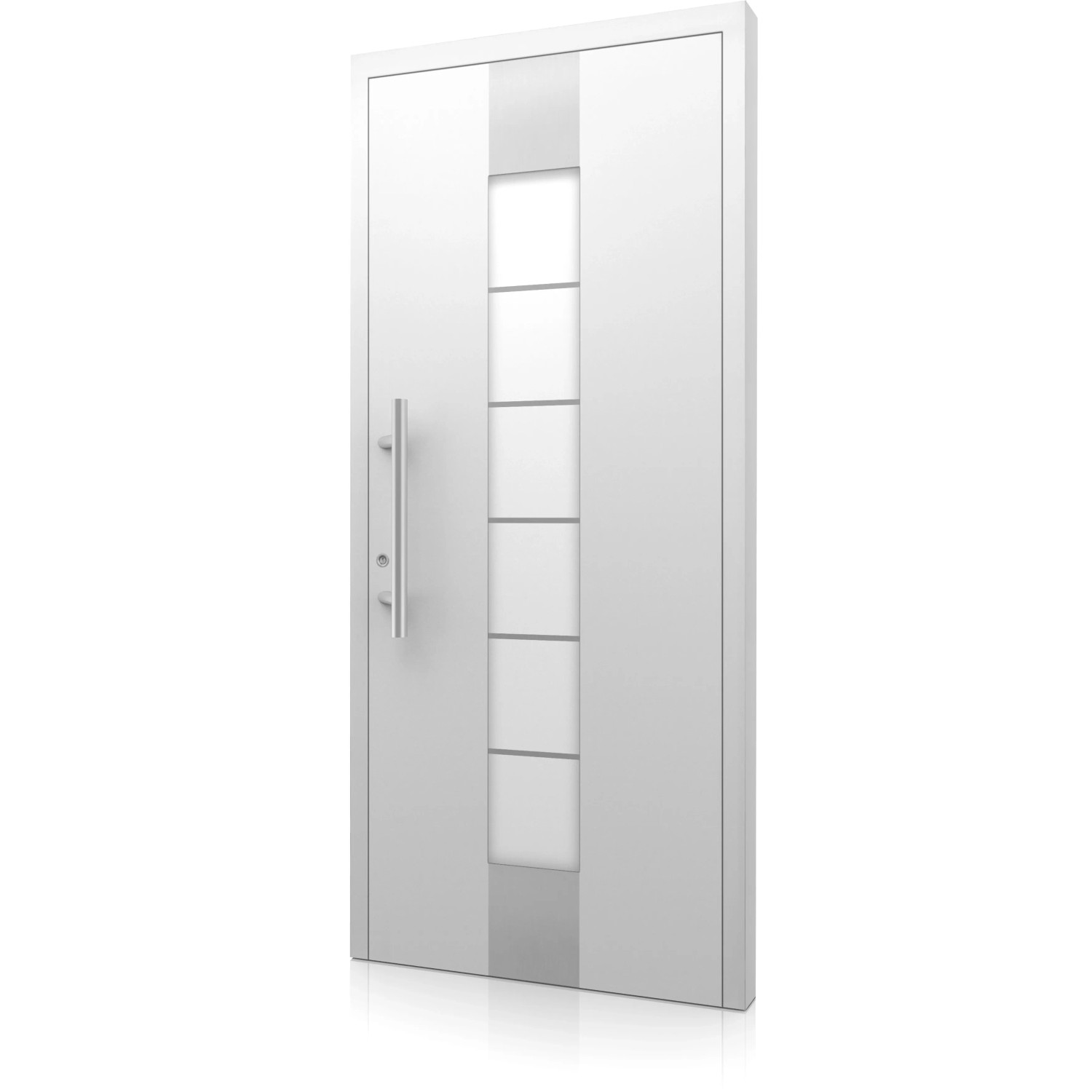 Weiße Aluminium Haustür Moderno M310/P mit Glaseinsätzen und Edelstahlgriff, Anschlag links.