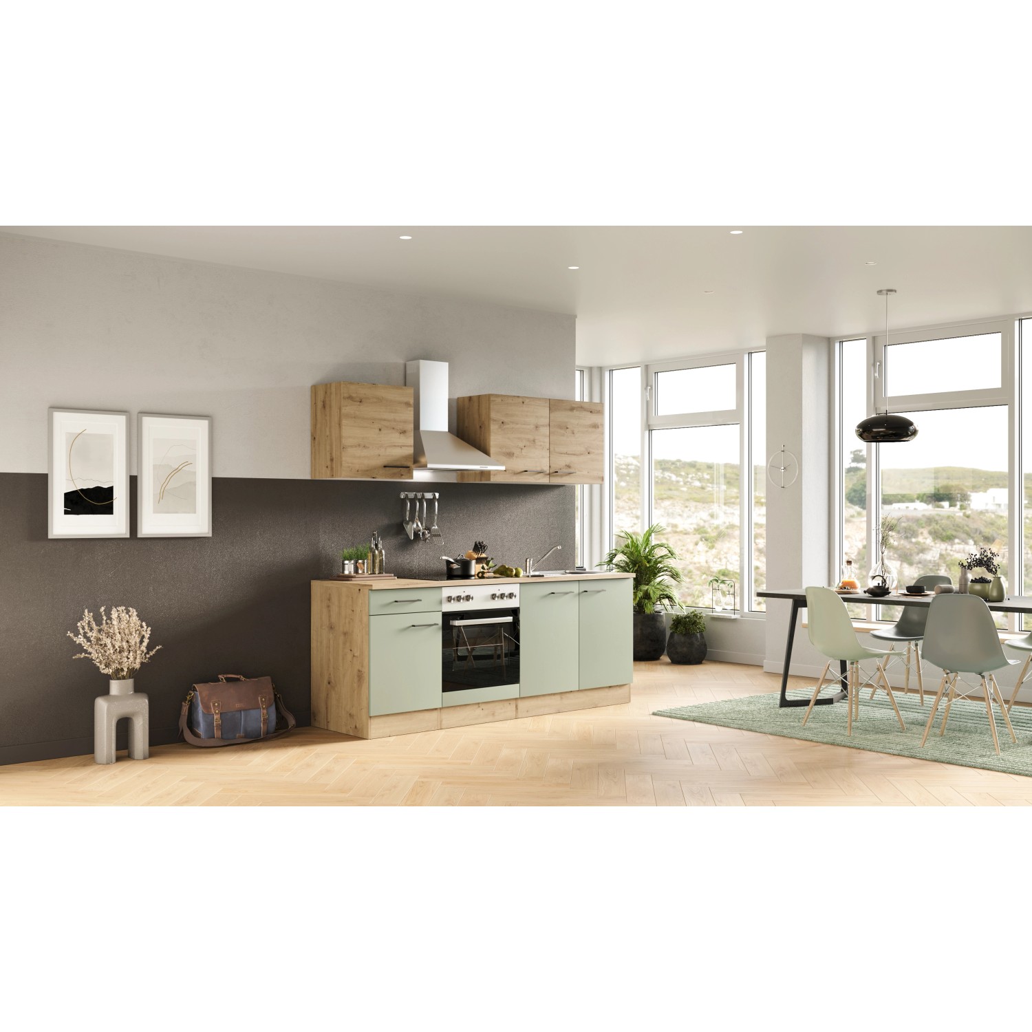Flex-Well Küche Cara in Schilfgrün/Artisan Eiche, 210 cm breit, mit E-Geräten. Moderne Einbauküche für Ihr Zuhause.