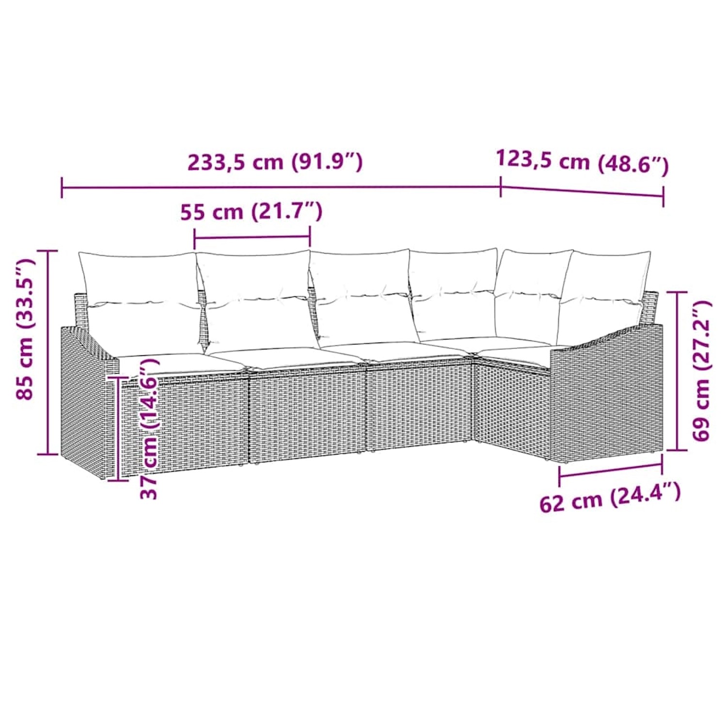 Braunes 5-teiliges Garten-Sofa-Set aus Poly Rattan mit Maßen.