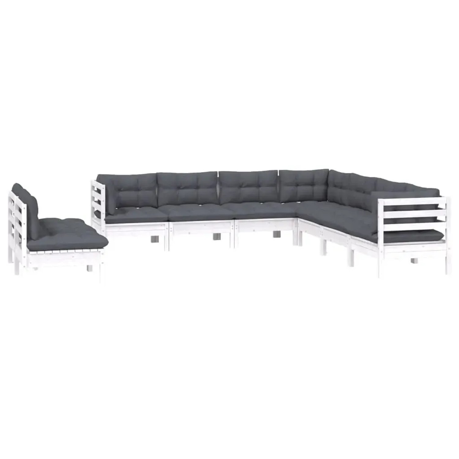 9-teiliges Garten Lounge Set aus Kiefernholz, weiß lackiert mit anthrazitfarbenen Kissen.
