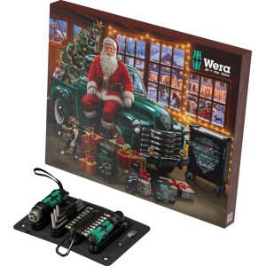 Wera Adventskalender 2026: Weihnachtsmotiv mit Santa auf Pickup. Werkzeug-Set mit Schraublampe, Bits, Winkelschlüsseln.