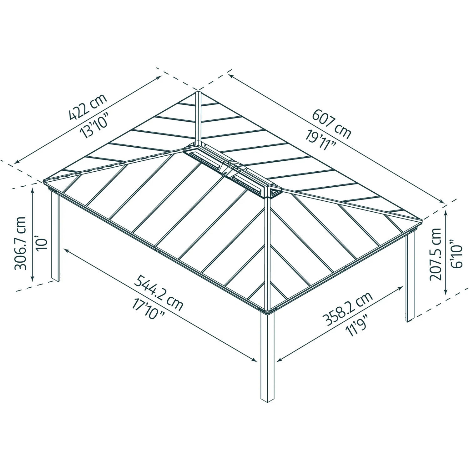 Technische Zeichnung: Palram Canopia Carport Colorado, 612x426 cm, Maße und Details.
