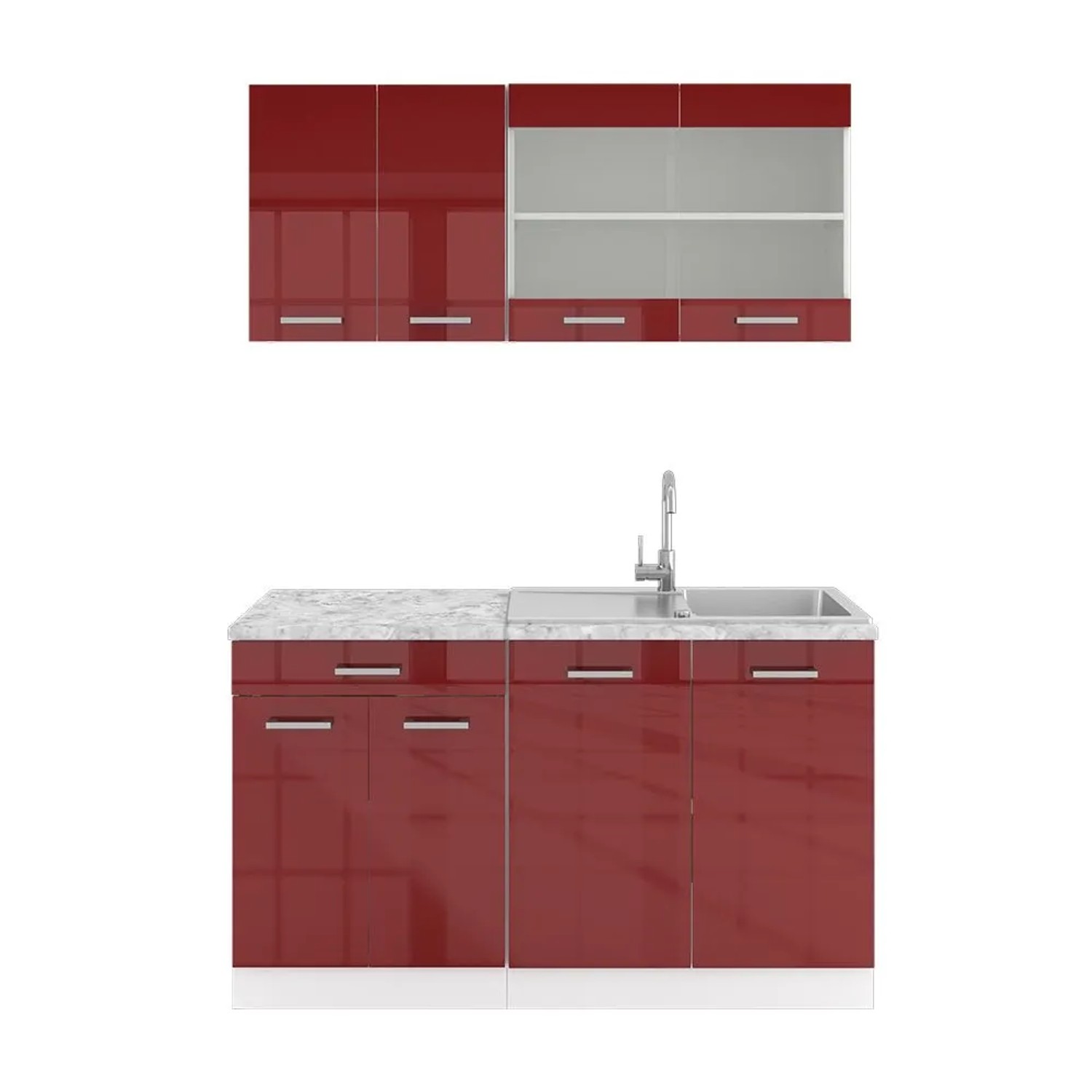 Vicco R-Line Singleküche Bordeaux Hochglanz Weiß 140 cm AP Marmor ohne E-Geräte