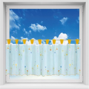 Orange Bistrogardine mit Blumenmuster und Schlaufen, 150x45 cm. Fenstervorhang für Küche und Wohnraum.