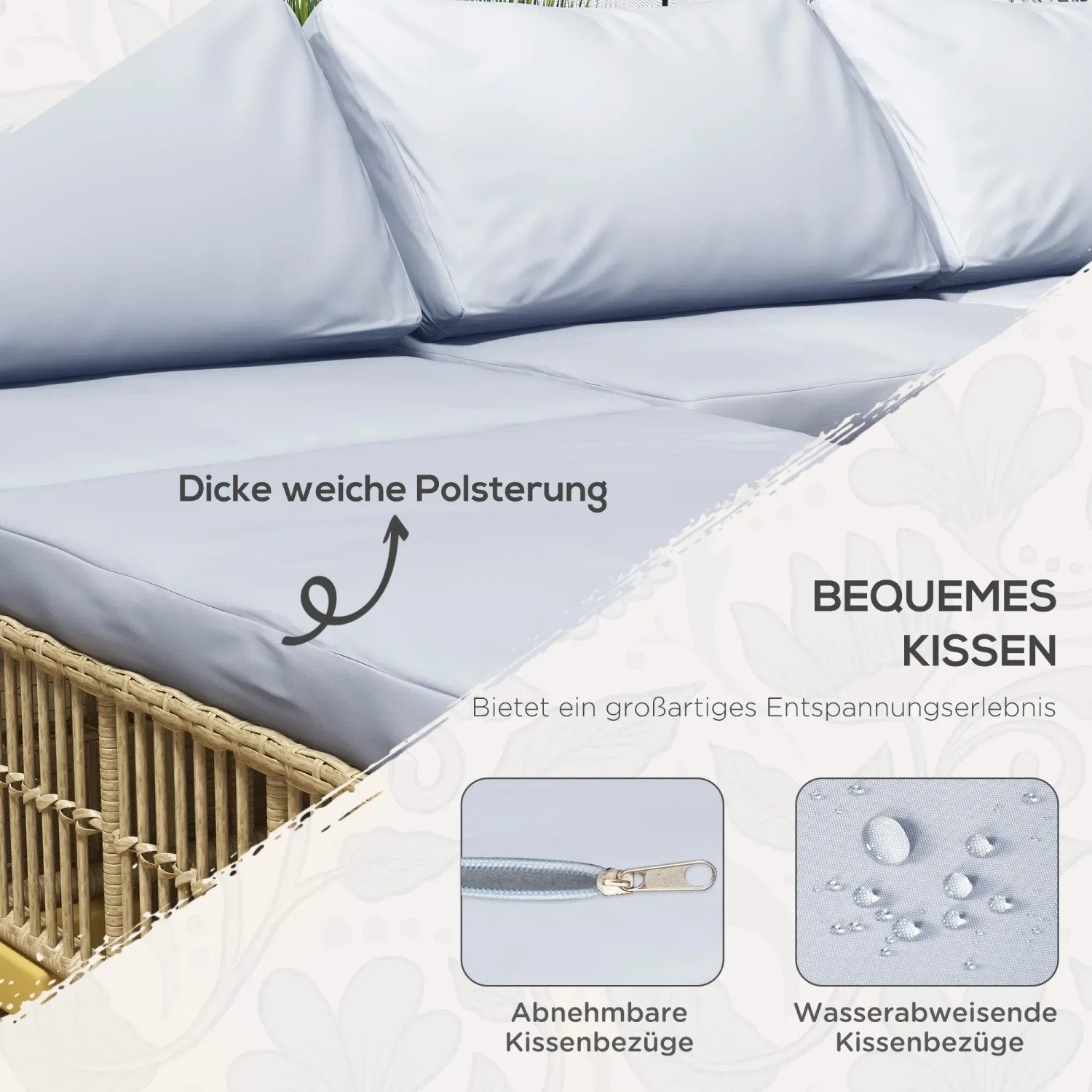 Detailaufnahme: Beige-graue Rattan Gartengarnitur mit dicken, hellgrauen Polsterkissen.