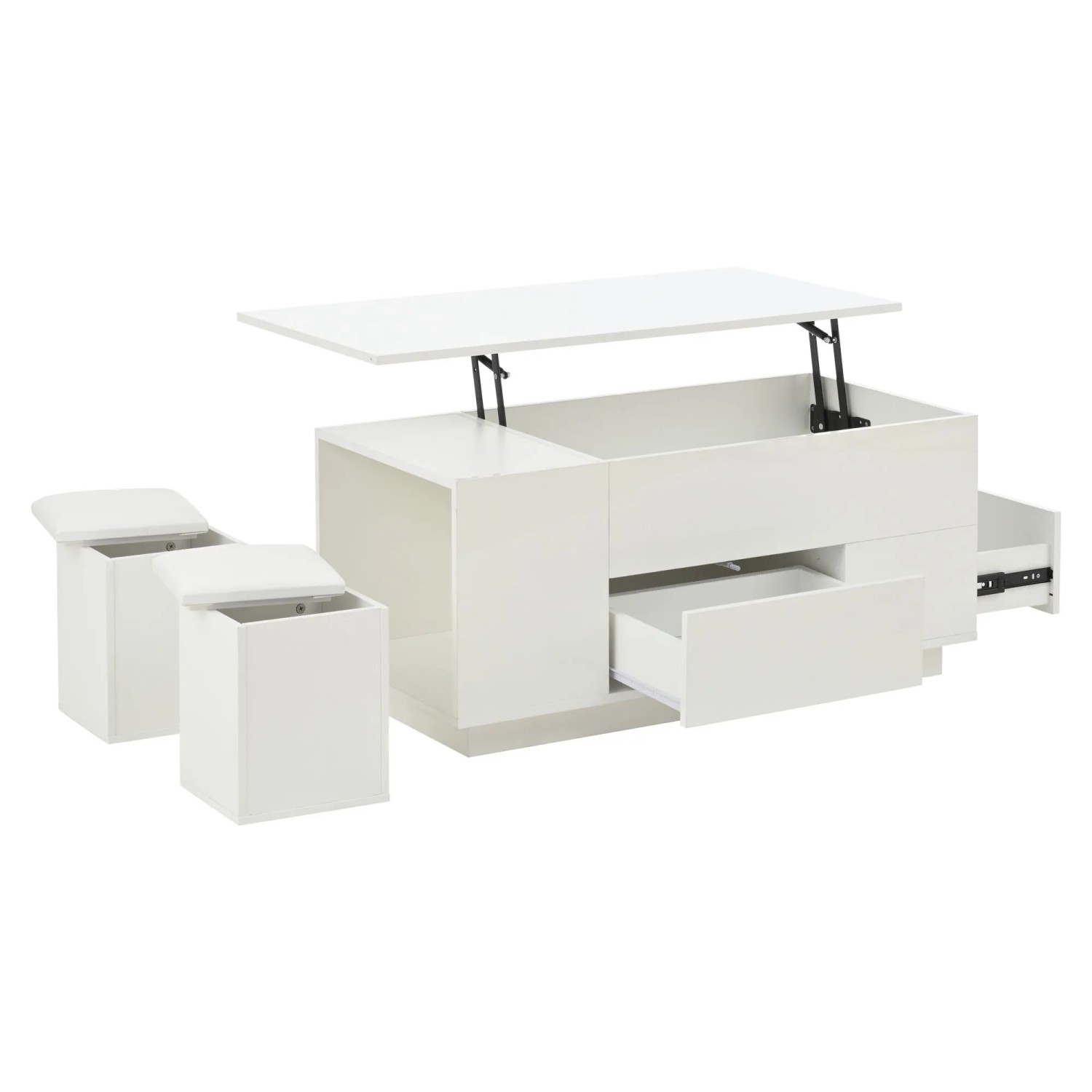 Merax Couchtisch Höhenverstellbar mit LED 2 Schubladen 2 Hocker Stauraum Weiß