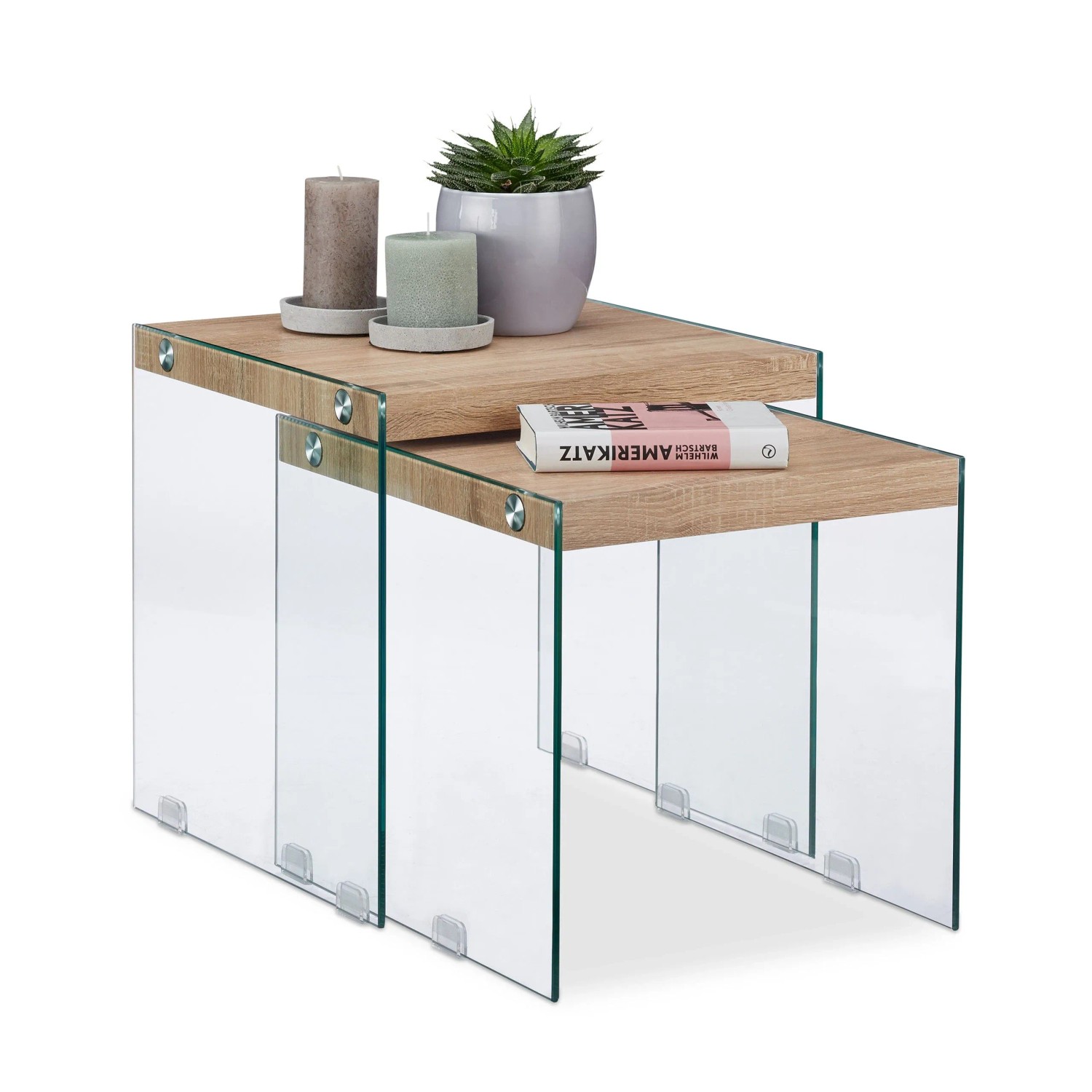 Relaxdays Satztisch 2er Set Holz Glas Natur Transparent Inneinanderstellbar 45 cm x 44,5 cm x 45 cm 10,9 kg