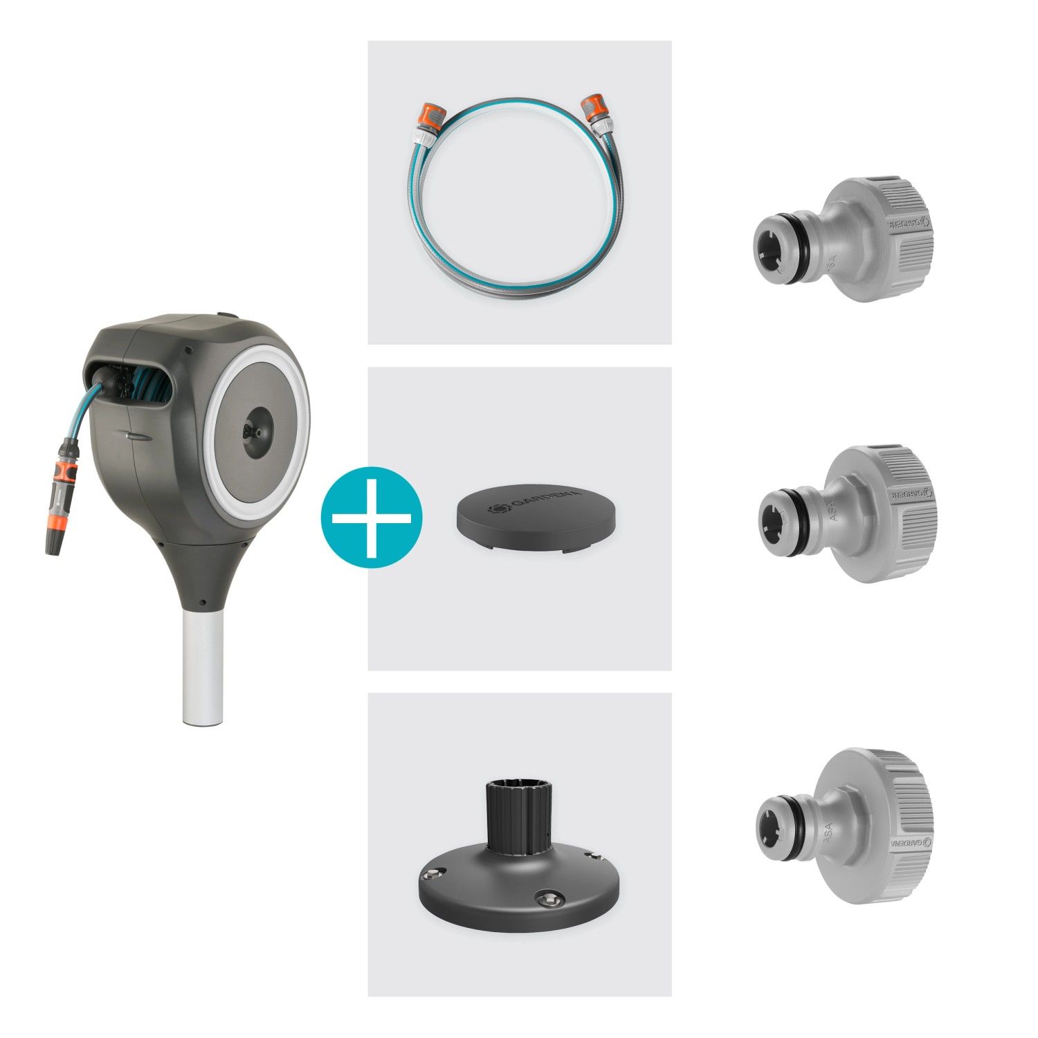 Gardena Terrassen-Schlauchbox RollUp M mit 20m Schlauch, Zubehör und Befestigung.