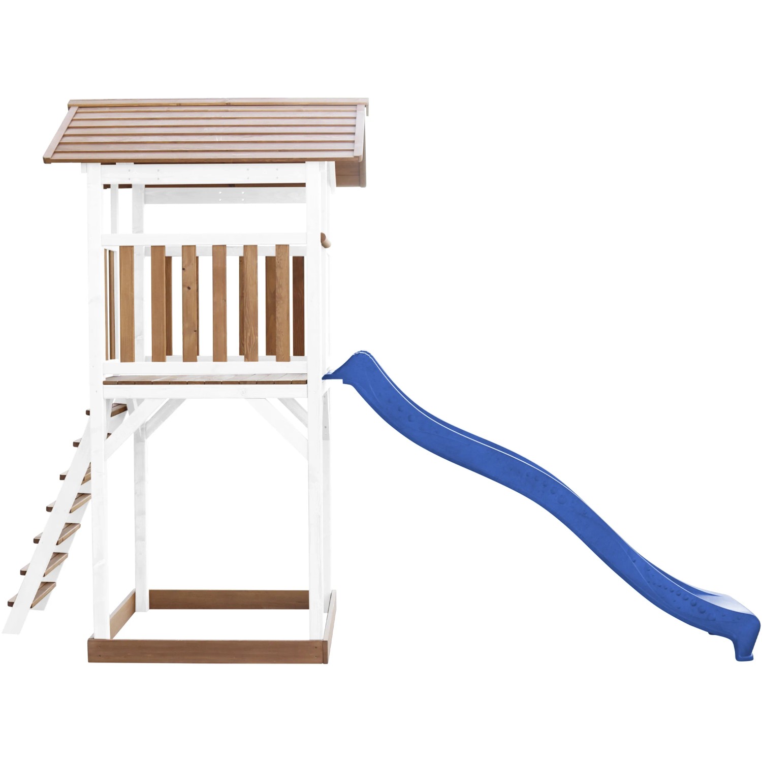 Axi Beach Tower Spielturm in Braun-Weiß mit blauer Rutsche, Leiter und Sandkasten.