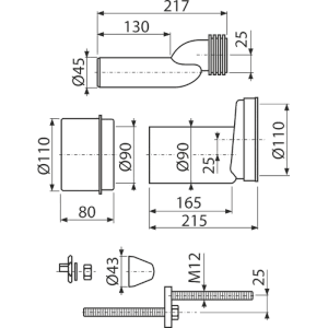 Technische Zeichnung: Alcadrain WC-Zubehörset DN110/110, Maße und Details für Installation.