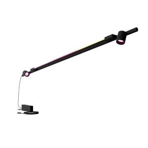 Schwarze Philips Hue Perifo LED-Schienenleuchte mit 2 Spots und Gradient Tube für Wandmontage.