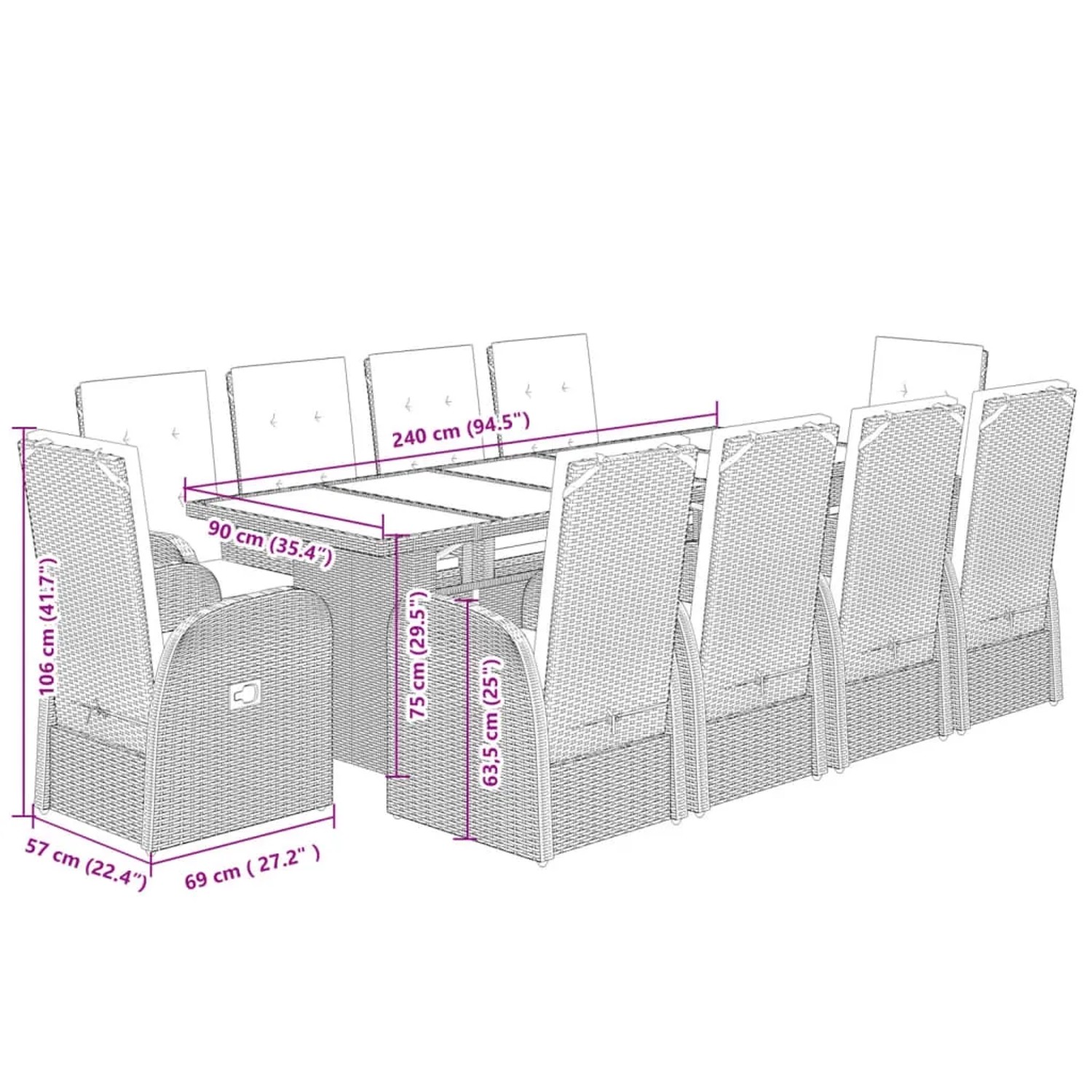 Graue 11-tlg. Garten Essgruppe aus Polyrattan mit Tisch und Sesseln mit Kissen.