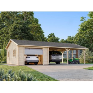 Palmako Garage Roger mit Sektionaltor und Carport, lackiert weiß. Holzgarage mit zwei Stellplätzen.