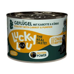 Lucky Lou Katzen-Nassfutter Senior Geflügel, 200g Dose. Alleinfutter für ältere Katzen mit Geflügel, Karotte und Kürbis.