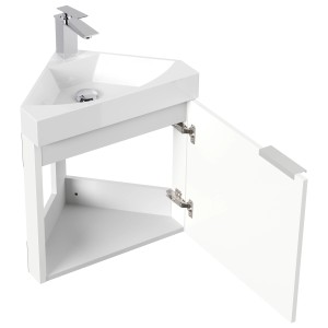 Posseik Eckbadmöbel Delta Slimline, weiß hochglanz, mit offenstehender Tür.