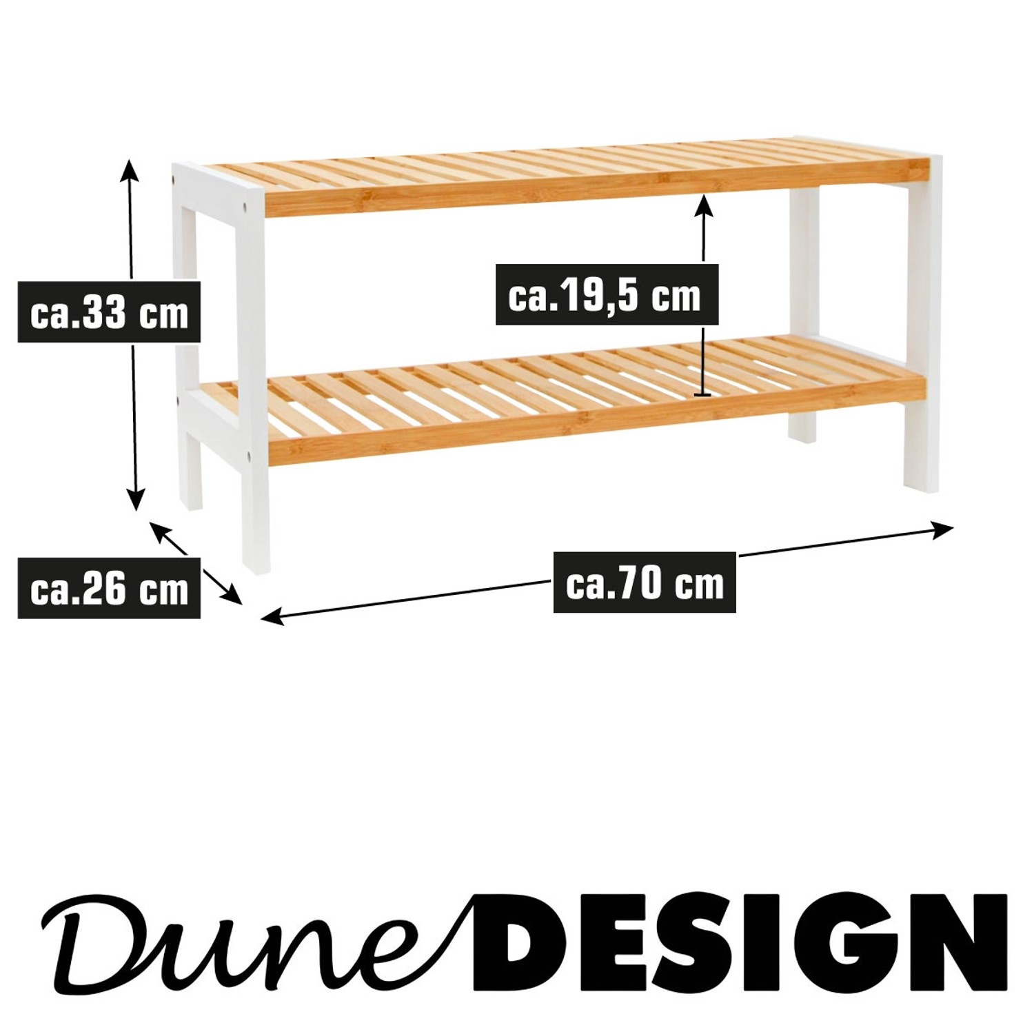 DuneDesign Schuhregal aus Bambus, weiß, 70x33x26 cm, mit zwei Ablagen für bis zu 8 Paar Schuhe.