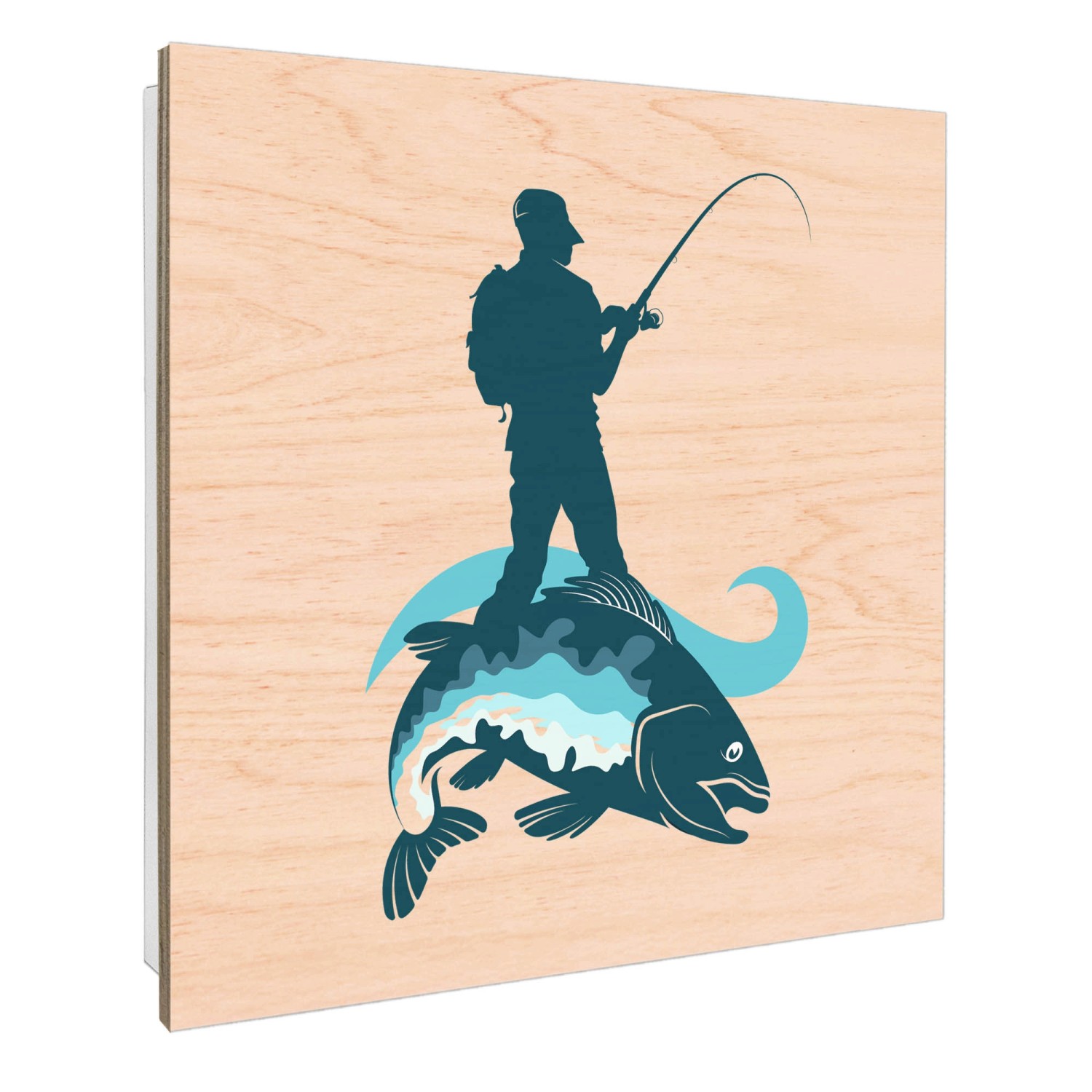 Weißer Banjado Schlüsselkasten mit Holzfront, Motiv Angler, 50 Haken zur Schlüsselaufbewahrung an der Wand.