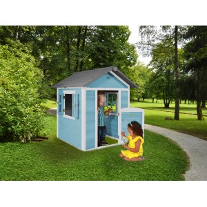 Axi Lodge Spielhaus Karibisches Blau mit spielenden Kindern im Garten.