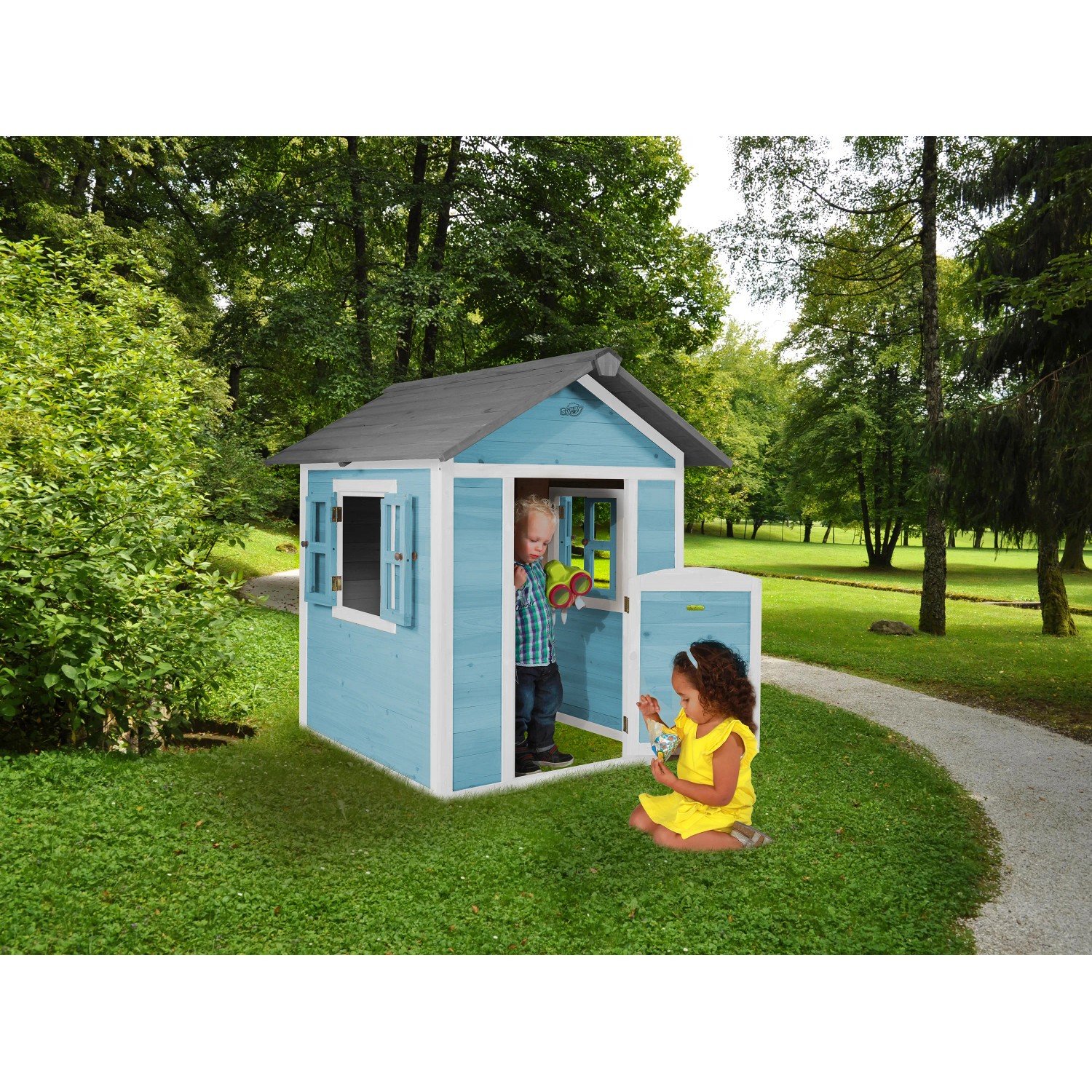 Axi Lodge Spielhaus Karibisches Blau mit spielenden Kindern im Garten.