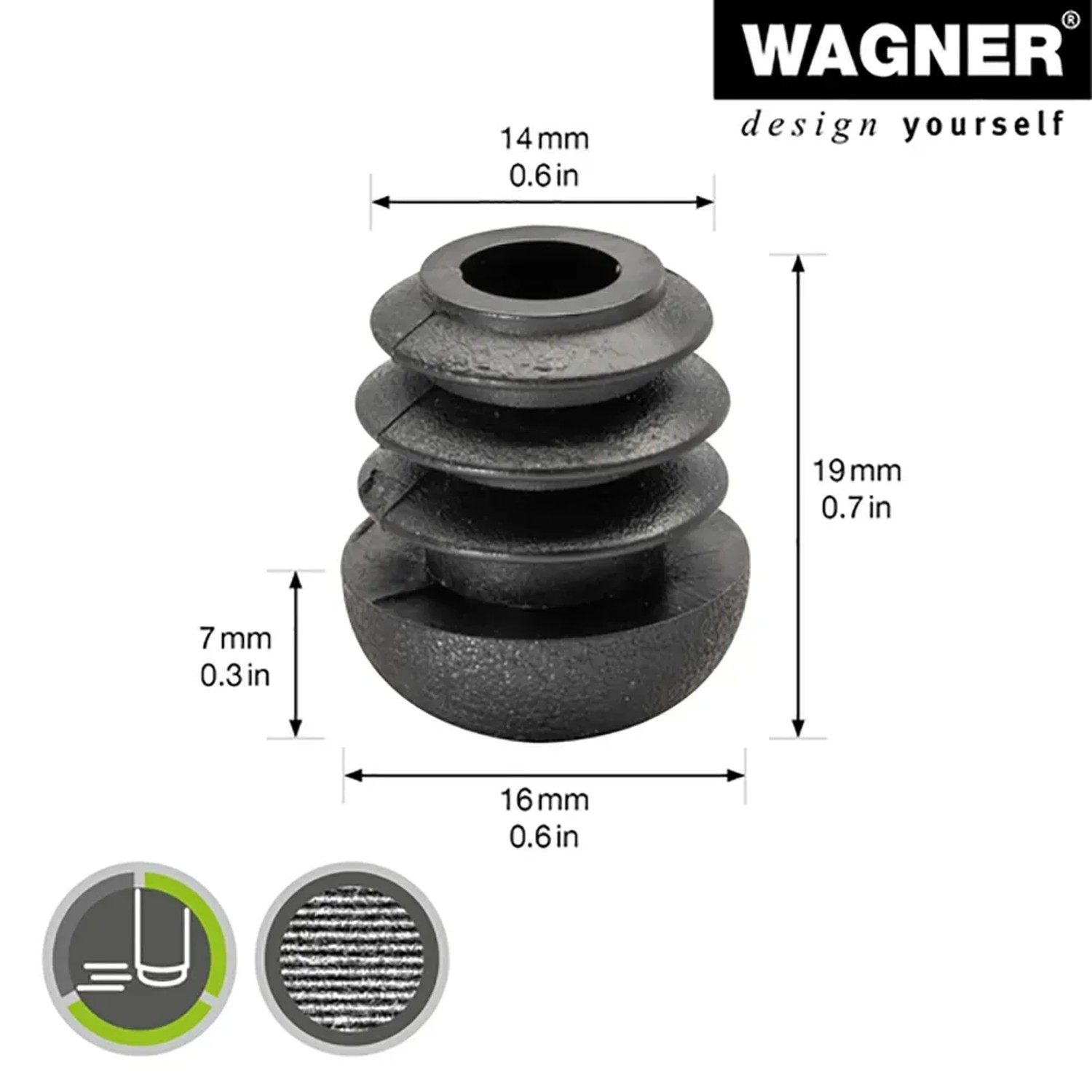 Schwarzer Wagner Gleiter EH 0050 für Stahlrohrmöbel, Ø 1,6 cm, 4er-Set.