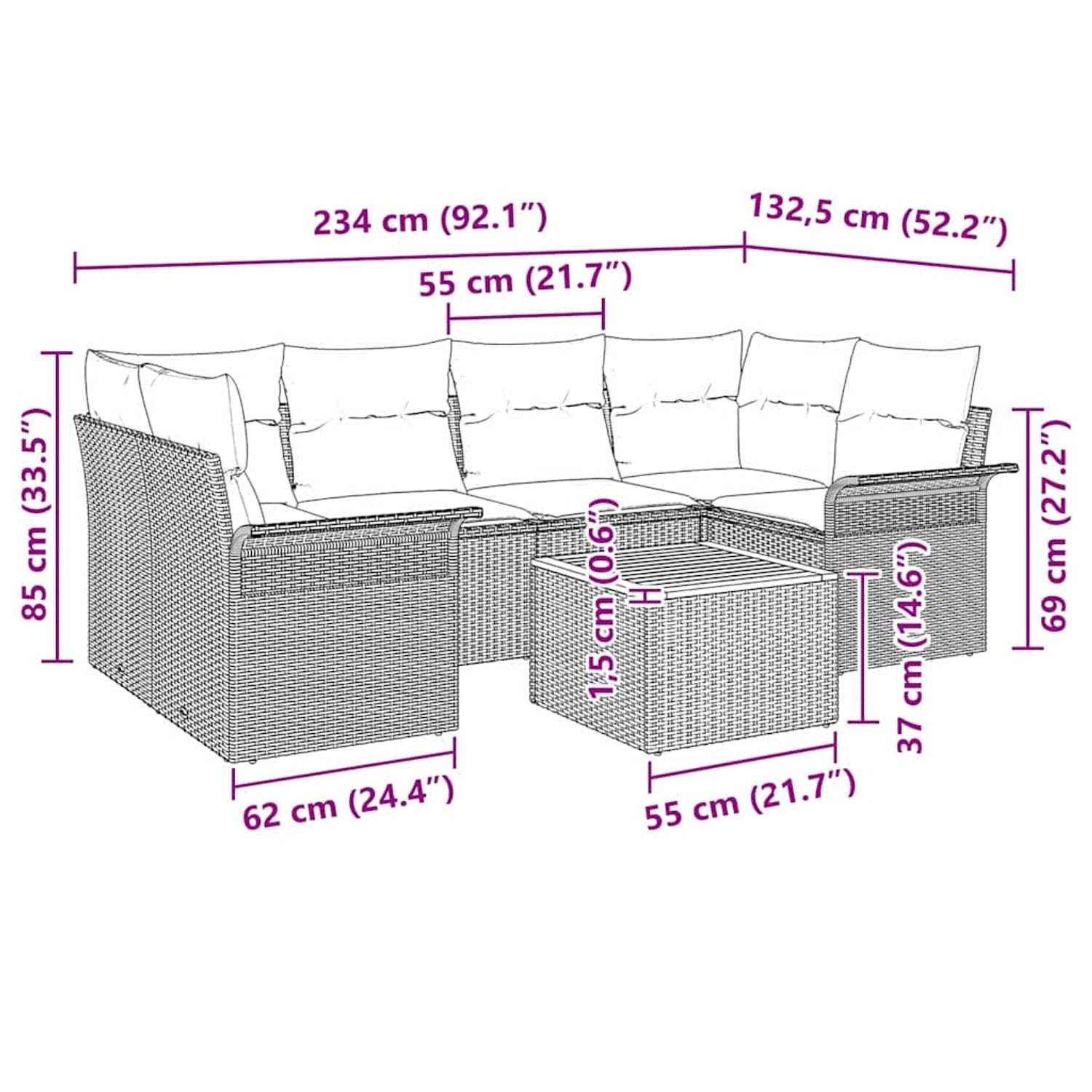 Graues 7-teiliges Garten-Sofa-Set aus Polyrattan mit Tisch und modularem Design. Abmessungen sind eingezeichnet.