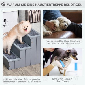 PawHut Hundetreppe mit 3 Stufen in Grau: Einstiegshilfe für kleine und ältere Hunde.