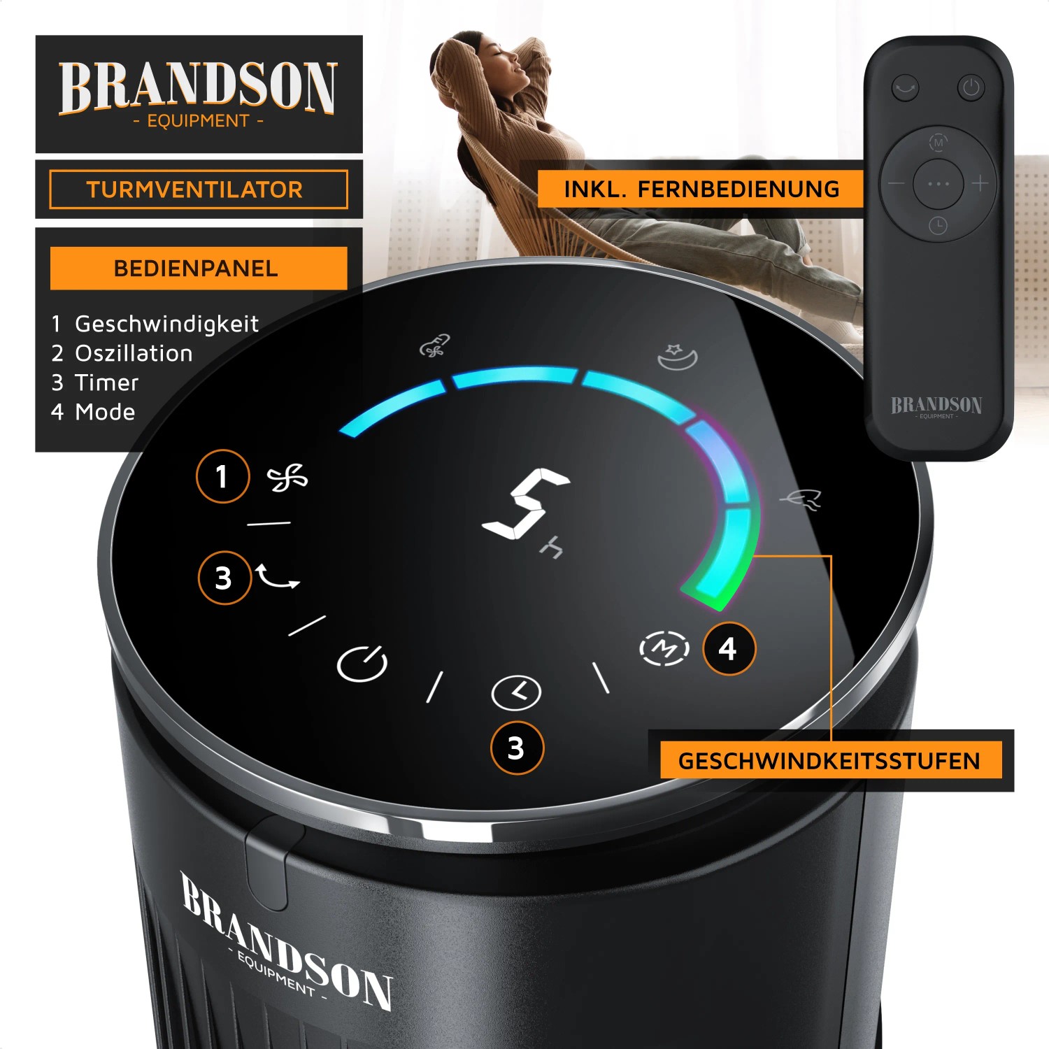 Brandson Turmventilator mit Bedienfeld, Fernbedienung und Aromafach. Leiser Ventilator mit Timer und verschiedenen Modi.