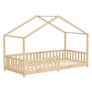 ML-Design Hausbett 90x200 cm aus Kiefernholz, naturfarben mit Rausfallschutz.