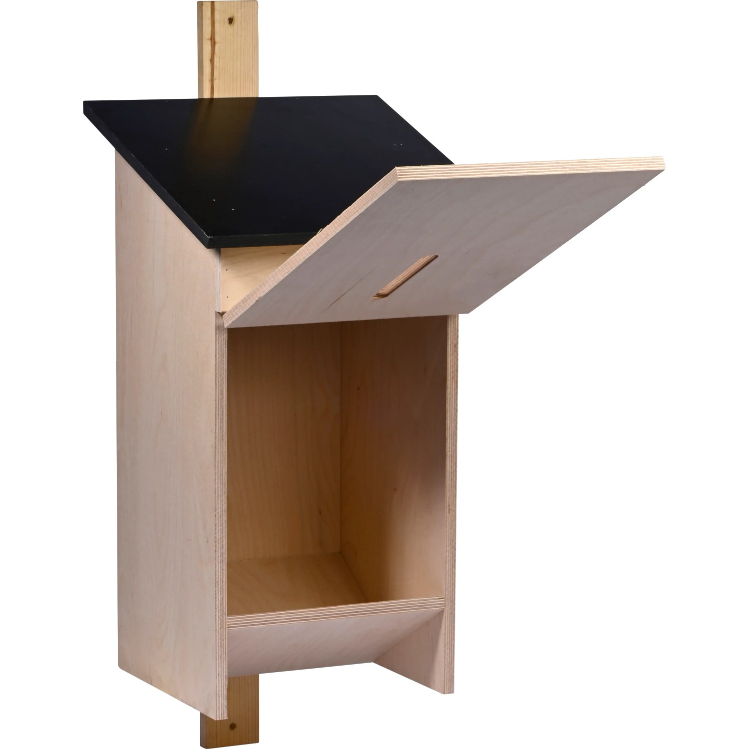 Dobar Hornissenkasten aus Holz, braun, mit geöffneter Klappe. Nützlingskasten mit wetterfestem Dach.