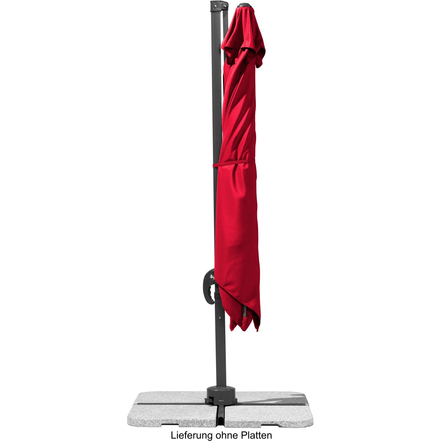 Geschlossener, roter Schneider Ampelschirm 340x270 cm mit Drehfunktion auf Schirmständer.
