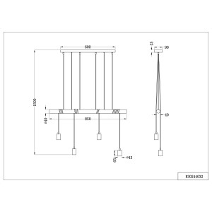 Technische Zeichnung der schwarzen, 4-flammigen Deckenlampe Brody mit E27 Fassung und den Maßen 150 cm.