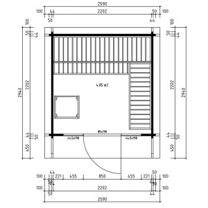 Grundriss Finntherm Gartensauna Lupoa-44, 259x294 cm, naturbelassen, mit Maßen und Details.