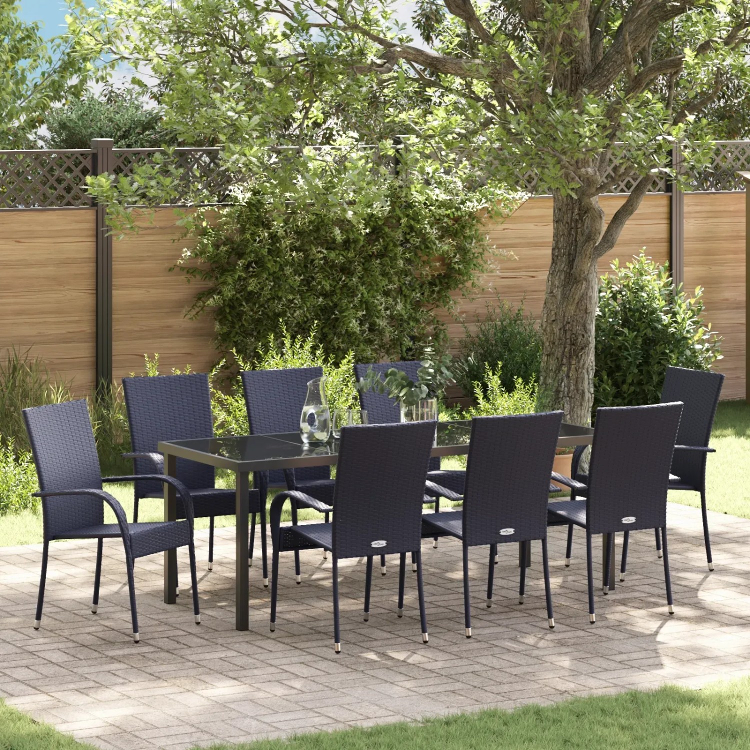 Schwarze vidaXL Garten Essgruppe, 9-teilig, aus Poly Rattan. Gartentisch mit 8 Stühlen für Terrasse und Garten.