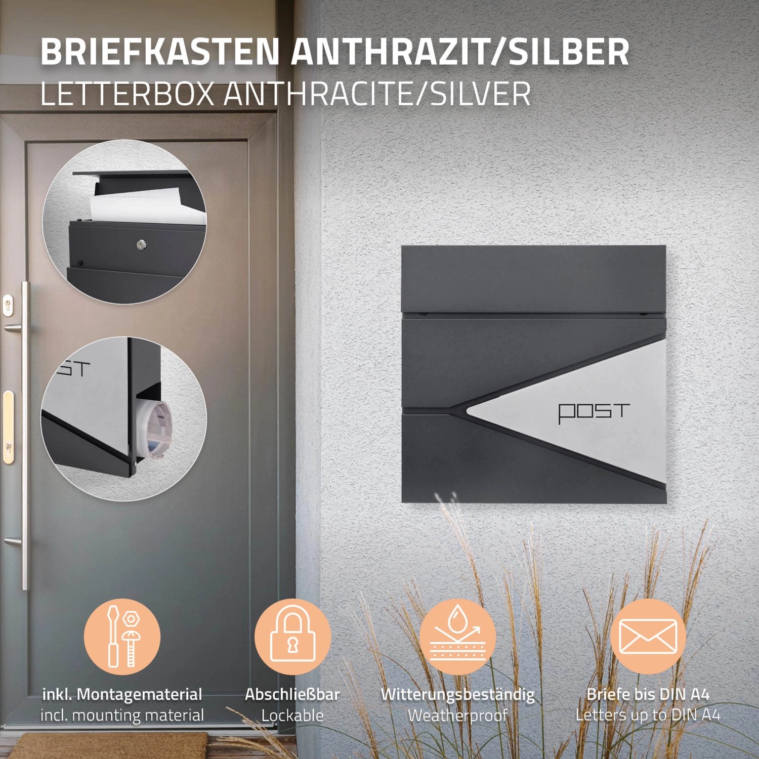 Moderner ML-Design Briefkasten in Anthrazit/Silber mit Zeitungsfach, abschließbar.