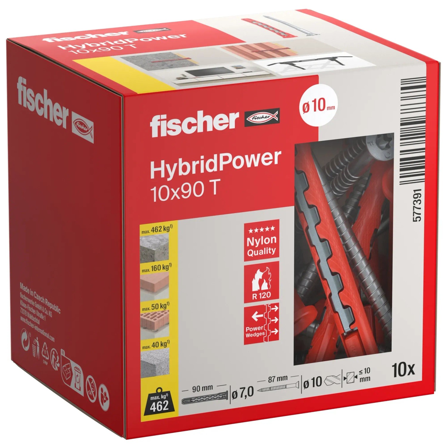 Fischer HybridPower Dübel, 10x90 mm, 10er-Pack. Universaldübel für hohe Lasten in verschiedenen Baustoffen.