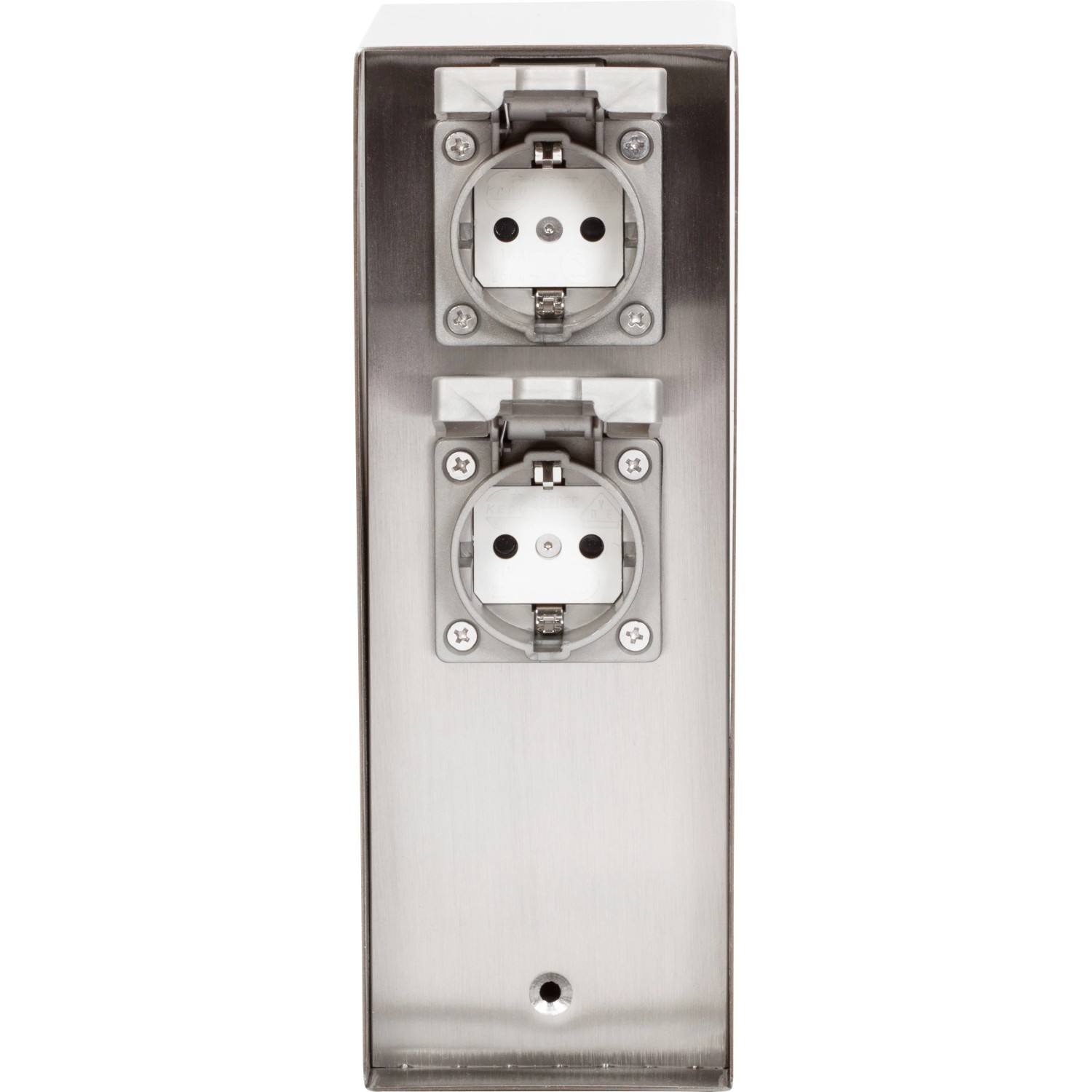 4-fach Steckdosensäule IP44 in Silber aus Edelstahl für den Außenbereich.