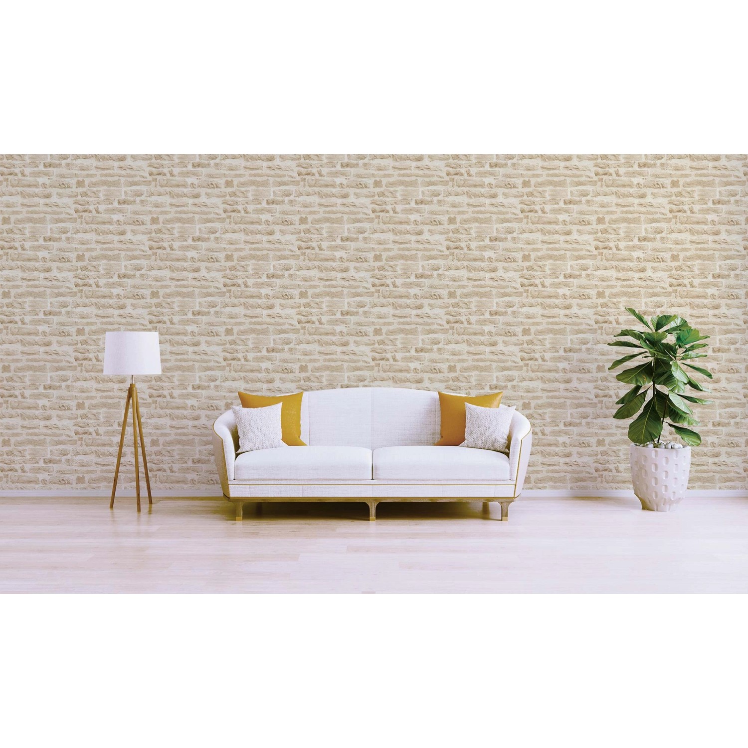 Beige Steinoptik Vliestapete Dino von Tadessi an Wohnzimmerwand.