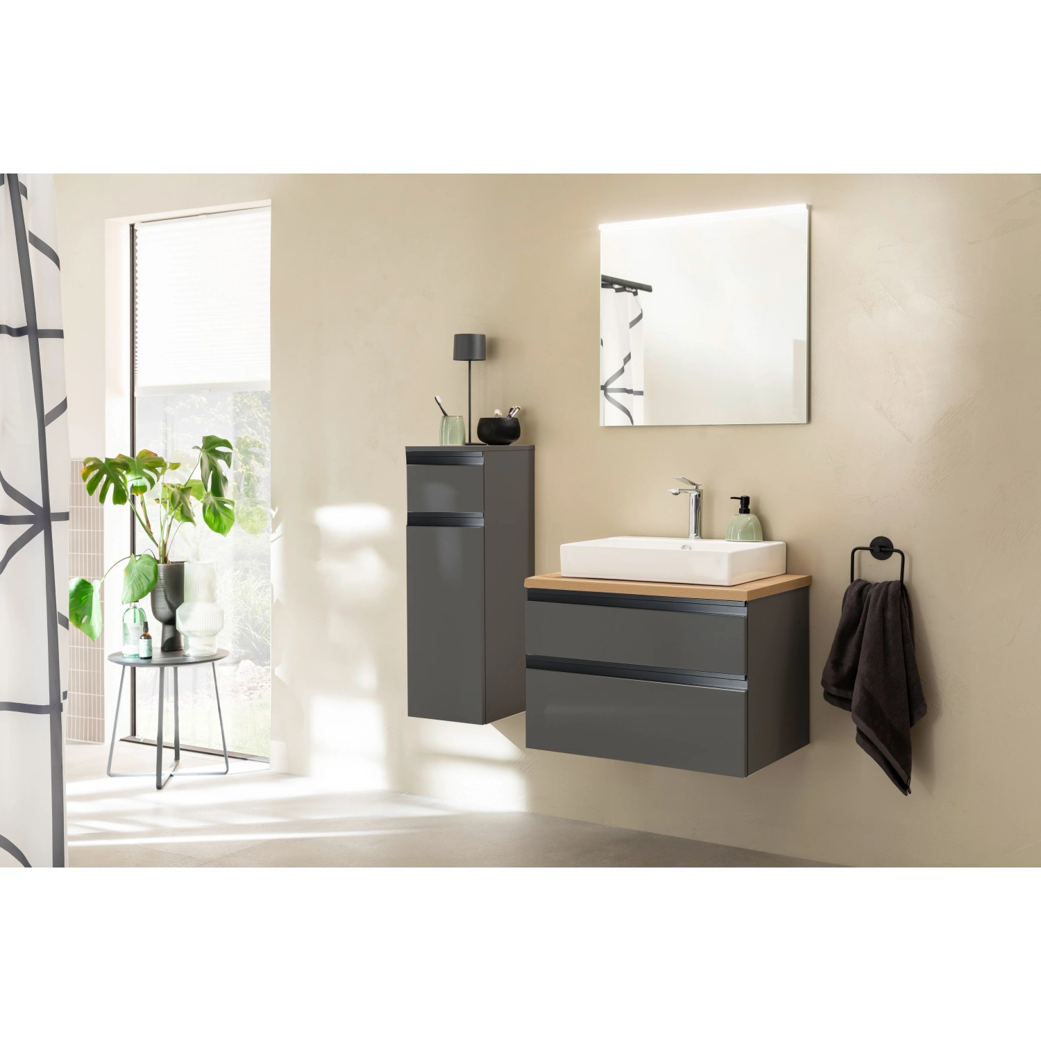 Schöner Wohnen Badmöbel-Set Stockholm, 6-teilig, 70 cm, Cosmos Grey, mit Waschtisch, Spiegel und Highboard.