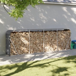 Anthrazitfarbener Kaminholzunterstand (300x45x100 cm) aus verzinktem Stahl, gefüllt mit Holz.