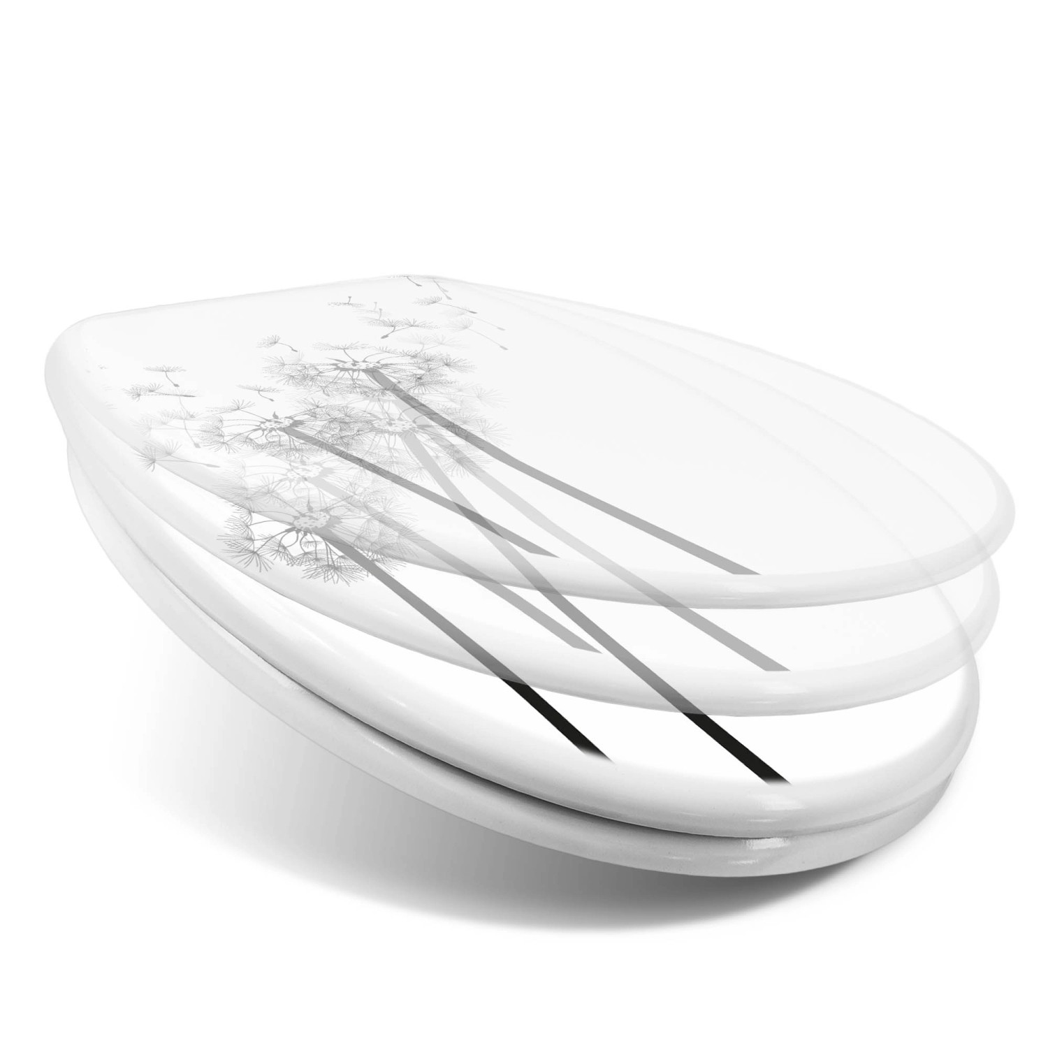 Weißer WC-Sitz mit Absenkautomatik und Pusteblumen-Motiv von Banjado.