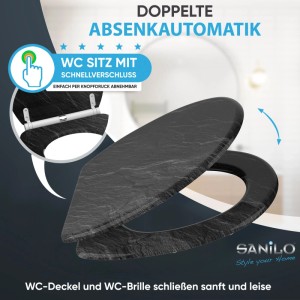 Schwarzer Sanilo WC-Sitz in Granit-Optik aus Holz mit Absenkautomatik und Schnellverschluss.