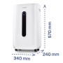 Weißer Clean Air Optima CA705 SMART Luftentfeuchter und Luftreiniger mit Display und Rollen. Maße: 57x34x24 cm.