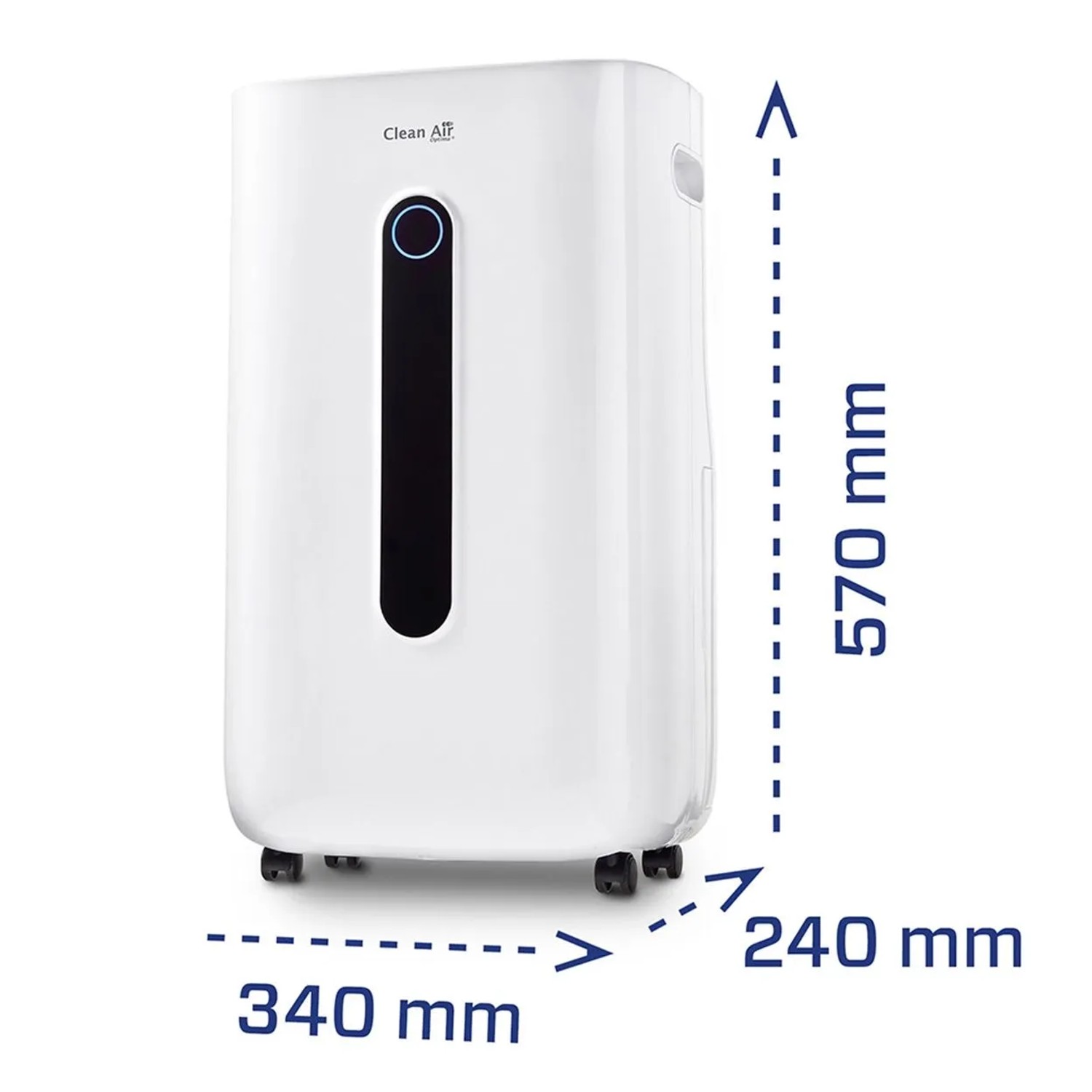 Weißer Clean Air Optima CA705 SMART Luftentfeuchter und Luftreiniger mit Display und Rollen. Maße: 57x34x24 cm.