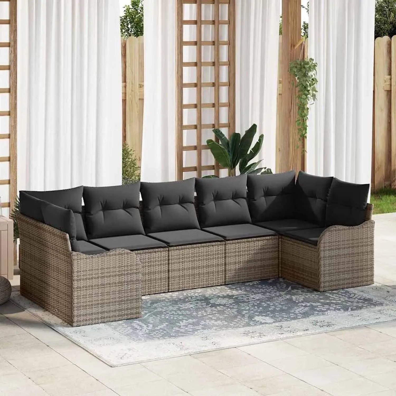 Graues 7-teiliges vidaXL Garten-Sofa-Set aus Poly Rattan mit Kissen für den stilvollen Outdoor-Bereich.
