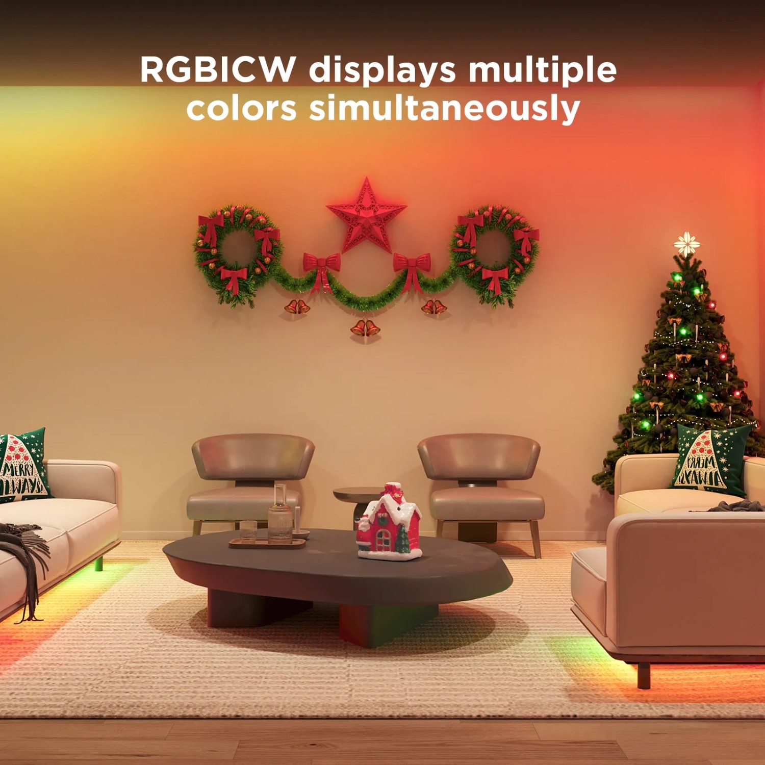 Govee LED-Leuchtband 3m (H612F S) im Wohnzimmer mit Weihnachtsdeko und RGBICW Beleuchtung.