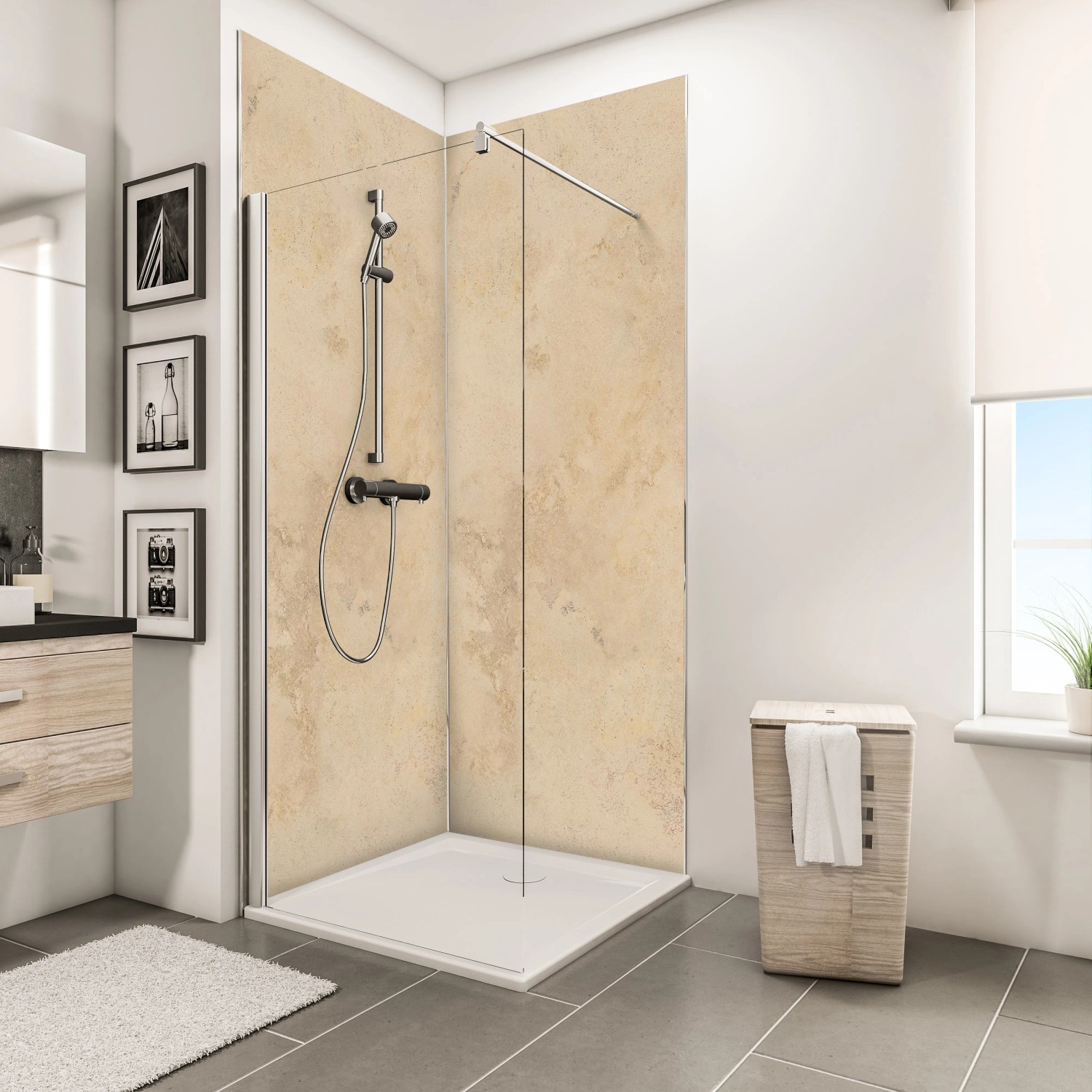 Begehbare Dusche mit Schulte ExpressPlus Duschrückwand DecoDesign Kalkstein 210x100cm.