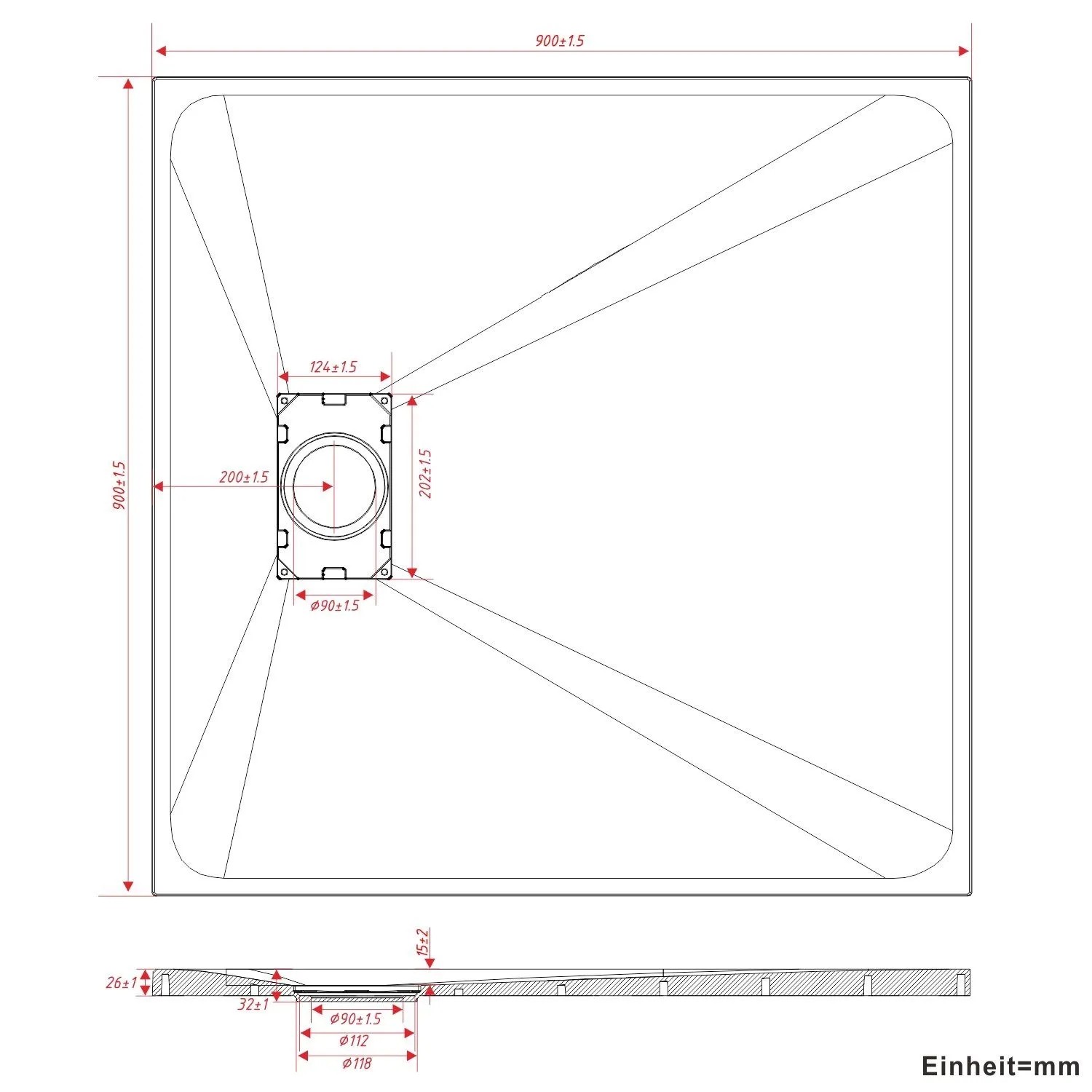 Technische Zeichnung Aquabatos Duschwanne 90x90cm, quadratisch, mit Maßen und Ablaufgarnitur.