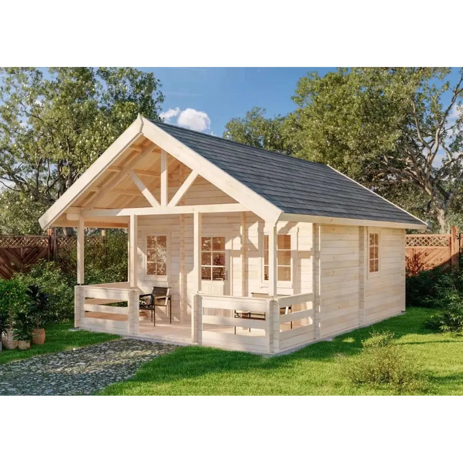 Alpholz Gartenhaus Lillehammer mit Satteldach und Anbaudach, tauchimprägniert, im Garten.