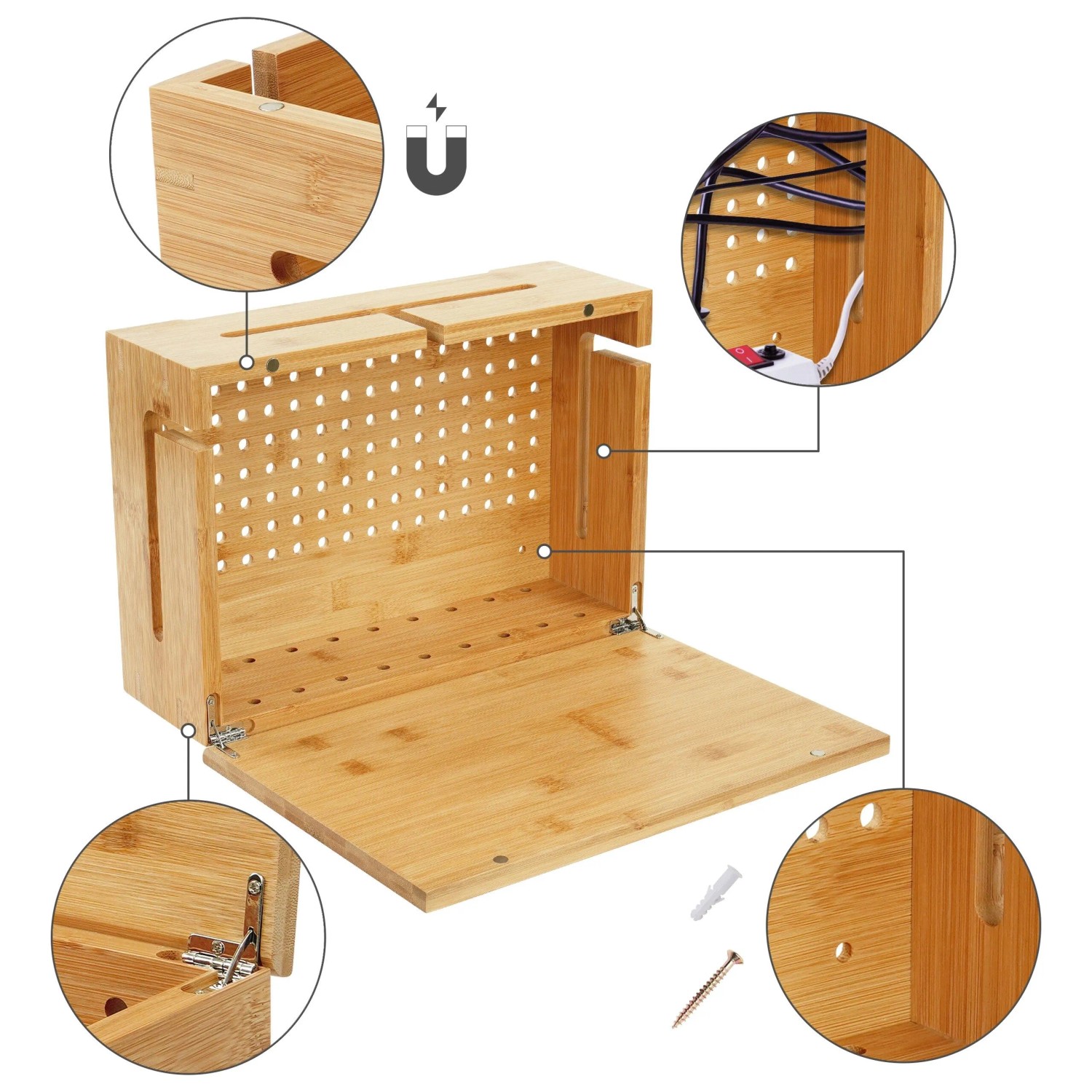 Offene Relaxdays Kabelbox aus Bambus mit Magnetdeckel, Schraube und Dübel. Kabelsammler für Elektroinstallationsmaterial.