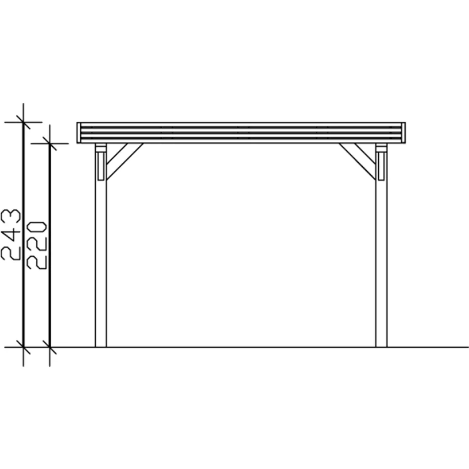 Technische Zeichnung: Skan Holz Carport Spessart, Maße: 355x604 cm, Einfahrtshöhe 220 cm, Firsthöhe 243 cm.